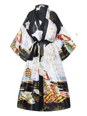 Floral & Geisha Satin Kimono Robe in Black and White Plus Size 4XL / 5XL